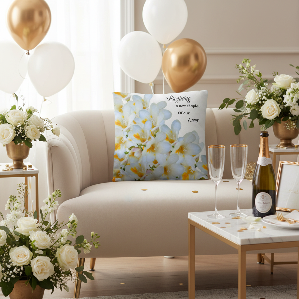 A New Chapter Pillow (White - celebrates marriage, engagement, or starting a life together)