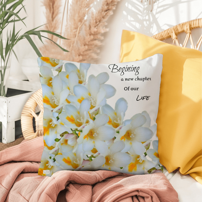 A New Chapter Pillow (White - celebrates marriage, engagement, or starting a life together)