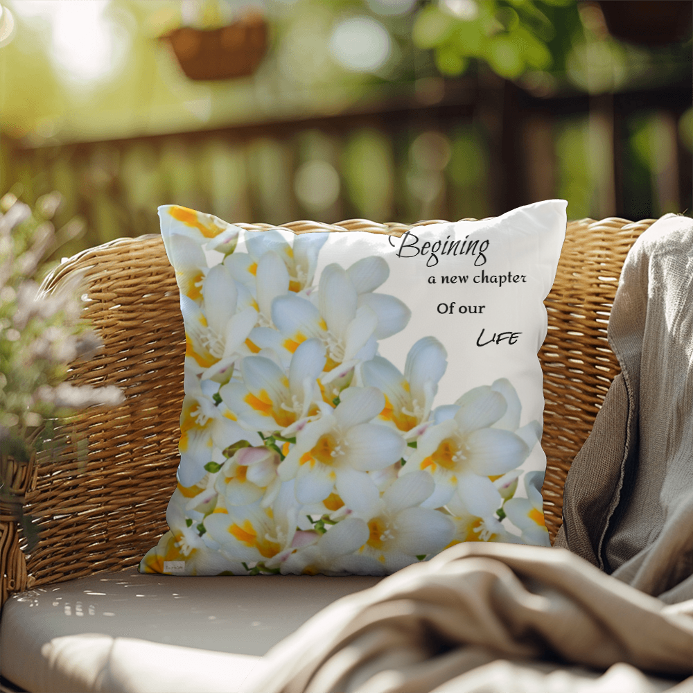 A New Chapter Pillow (White - celebrates marriage, engagement, or starting a life together)